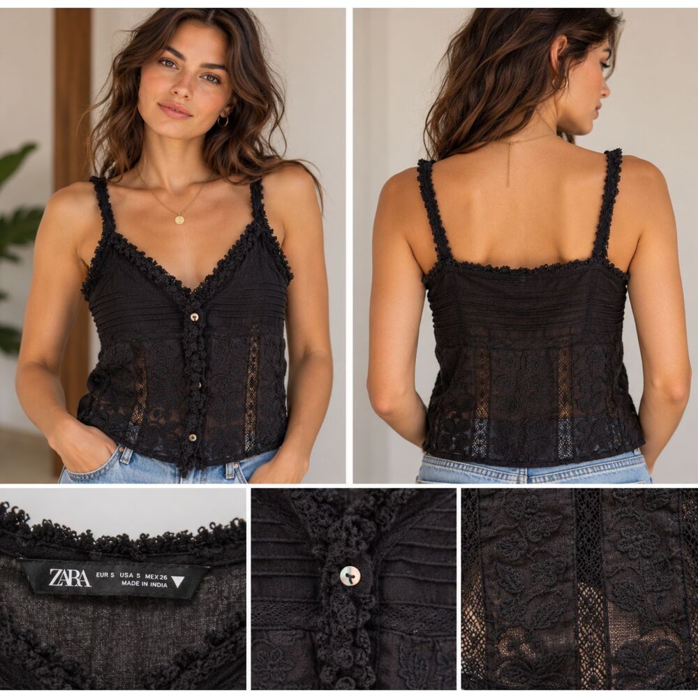 Zara Black Lace Cami Top Size S Button Front Romantic Goth Boho Y2K